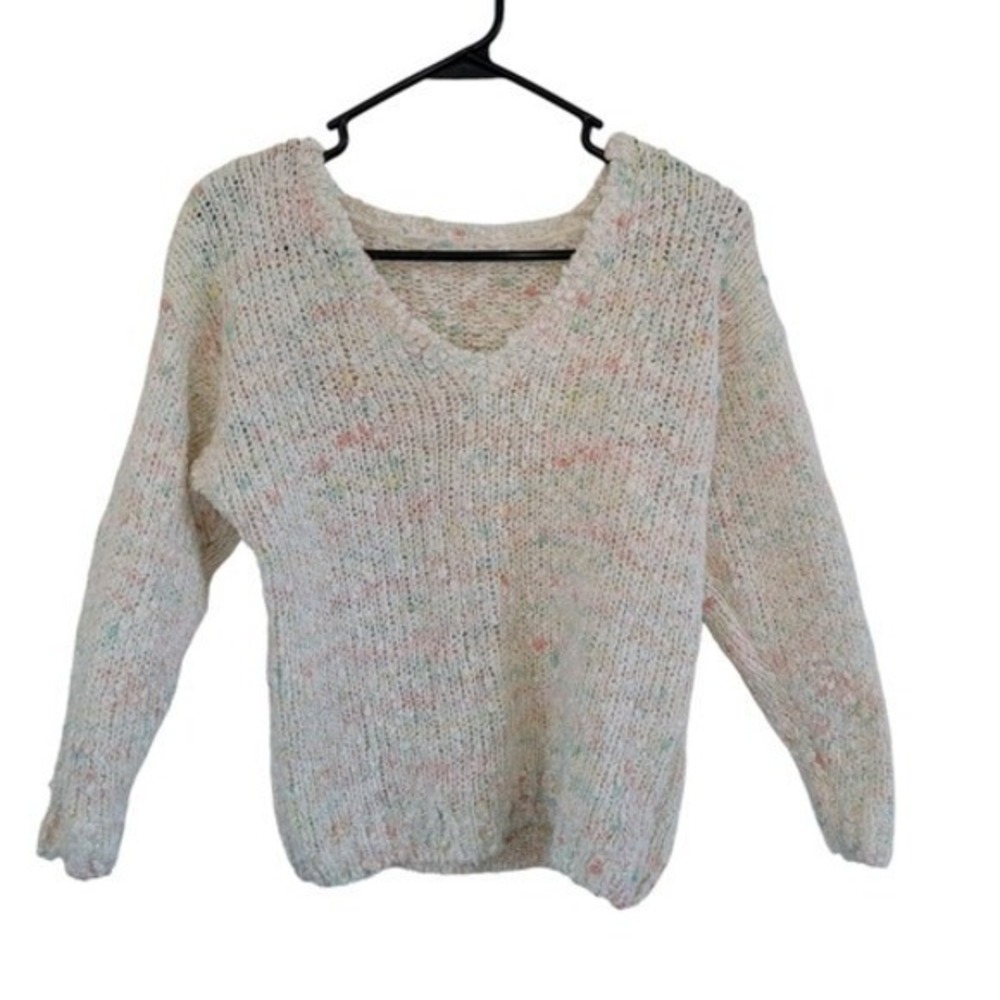 Kids White Pastel Confetti Speckled Chunky Knit V-Neck Pullover Sweater Fall